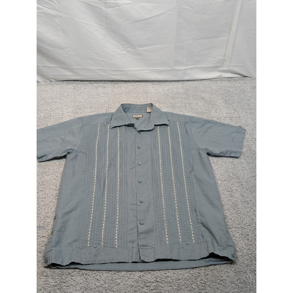 Bohio Linen Blend Cuban Guayabera Shirt Slate Blue Ruffle Mens Large Embroidered